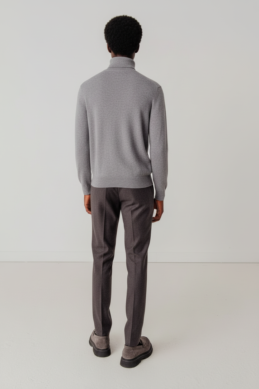 Pull col roulé Andrew gris porté par le même mannequin noir, vue de dos