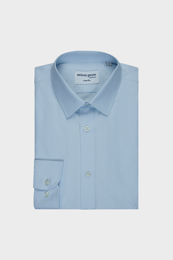 Slim-fit houndstooth sky blue shirt with French collar