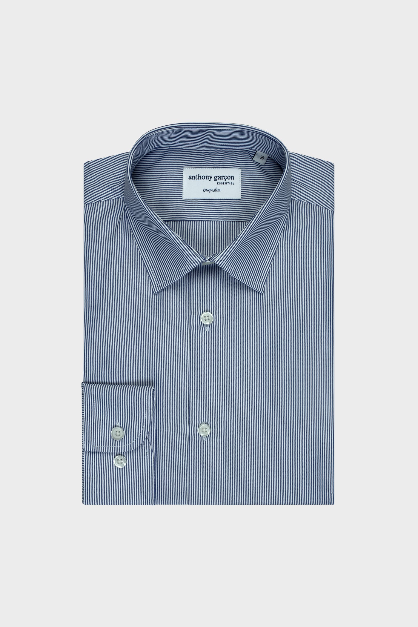 Slim Dark Blue Striped Shirt with French Collar