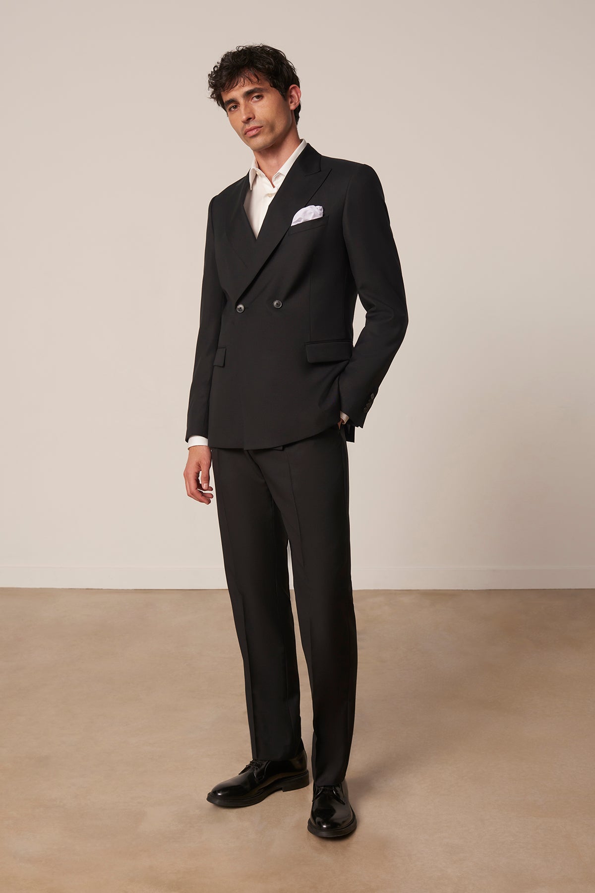 Black pinstripe virgin wool double-breasted suit