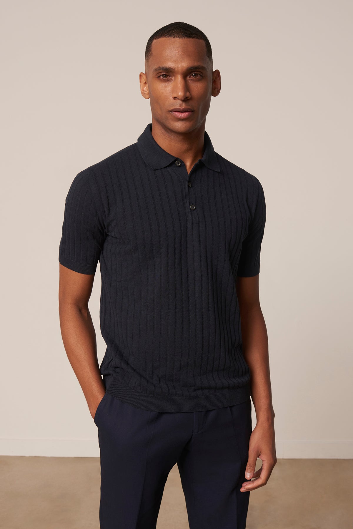 Alvaro navy cotton and linen polo shirt