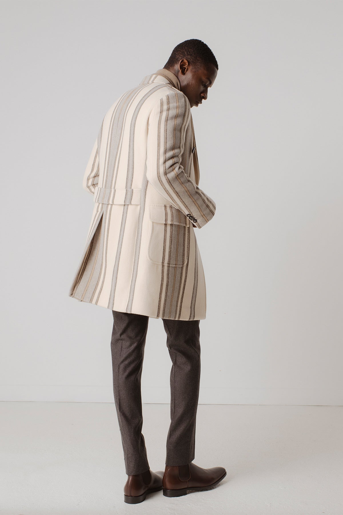 Manteau pour homme Bjork beige à rayures en laine et cachemire