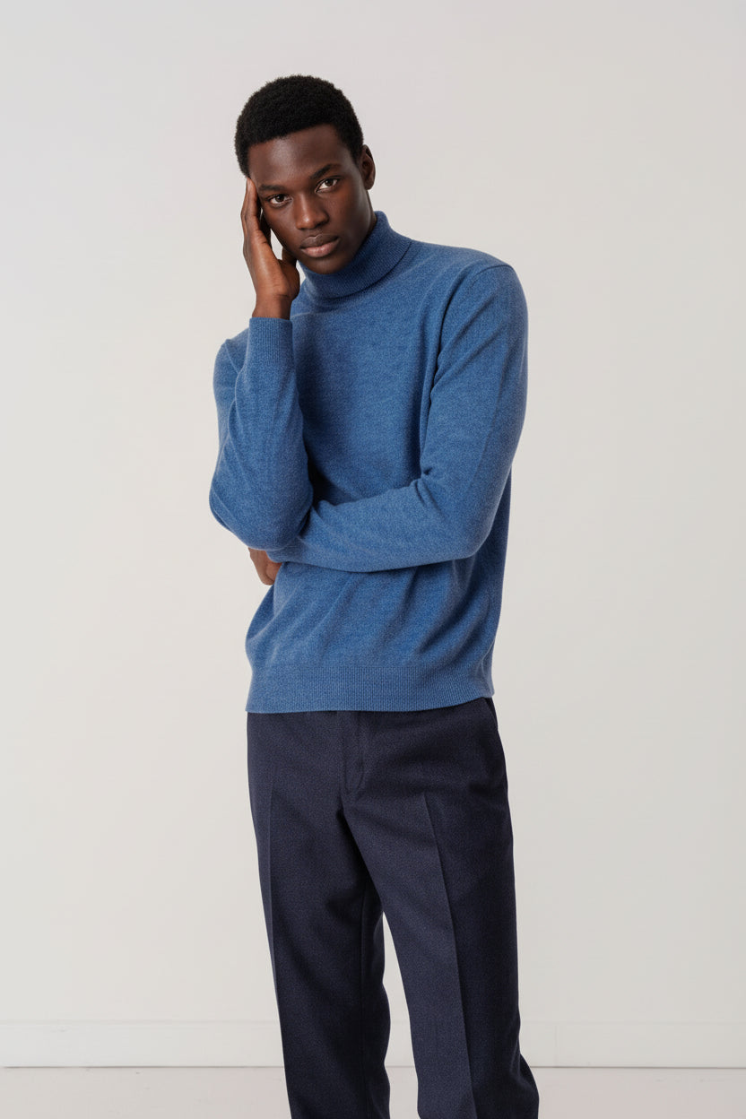 Pull col roulé Andrew en laine et cachemire bleu